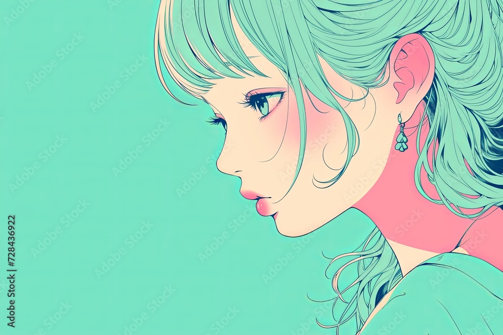 Beautiful Anime Girl In Profile On Pale Mint Color Background Beautiful Anime Girl In Profile On Pale Mint Color Background
