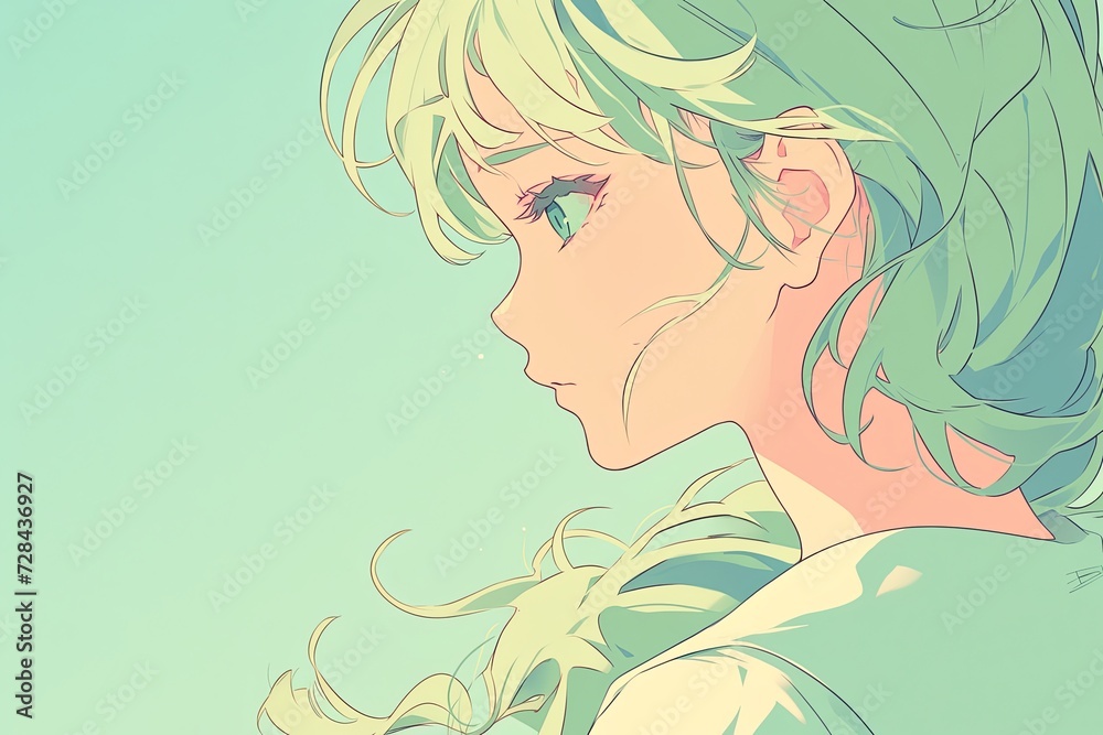 Beautiful Anime Girl In Profile On Pale Mint Color Background