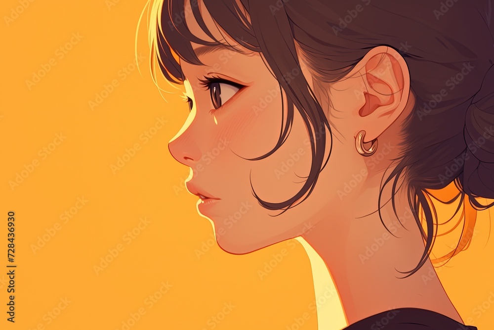 Beautiful Anime Girl In Profile On Pale Orange Color Background Beautiful Anime Girl In Profile On Pale Orange Color Background