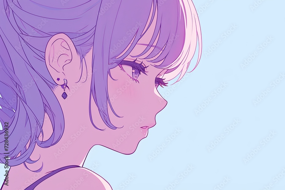 Beautiful Anime Girl In Profile On Pale Purple Color Background