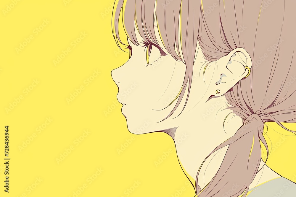 Beautiful Anime Girl In Profile On Pale Yellow Color Background