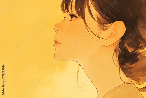 Beautiful Anime Girl In Profile On Pale Yellow Color Background