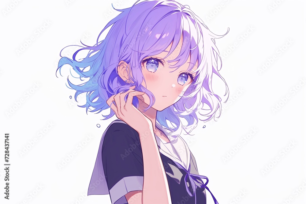 Beautiful Anime Girl With Lavender Color Hair On White Background Beautiful Anime Girl With Lavender Color Hair On White Background