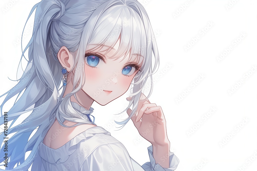Beautiful Anime Girl With Light Gray Hair On White Background Beautiful Anime Girl With Light Gray Hair On White Background