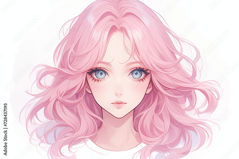 Beautiful Anime Girl With Dusty Rose Color Hair On White Background