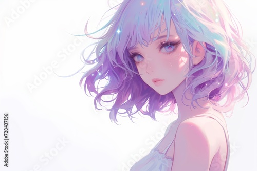 Beautiful Anime Girl With Lavender Color Hair On White Background