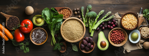 Wide view from above banner image of Vegetarian Day food banner with different types of vegetables and fruit items in a manner on light wood color wooden table background mockup
