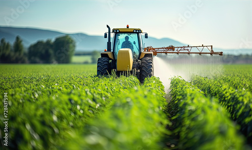 Obraz na płótnie The tractor sprays the crops in the amzing field w salonie