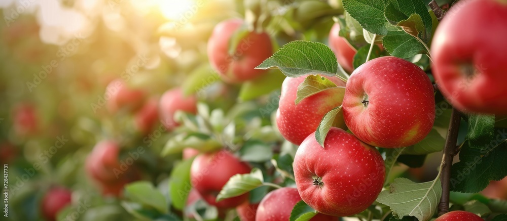 Delicious fresh organic red apples growing on farm trees, ready for harvest in an agriculture orchard.