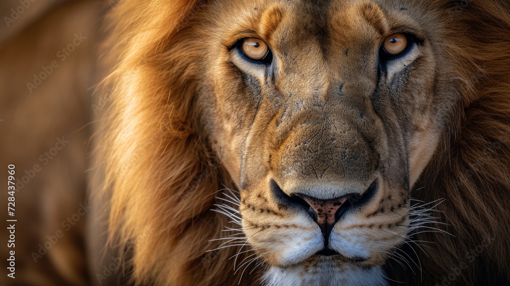 Closeup image of a beautiful portrait of an African Lion