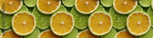 Food photography orange, lemon, lime slices texture background banner, citrus fruits with waterdrops, top view, flat lay, seamless pattern
