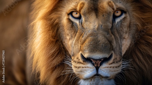 Closeup image of a beautiful portrait of an African Lion