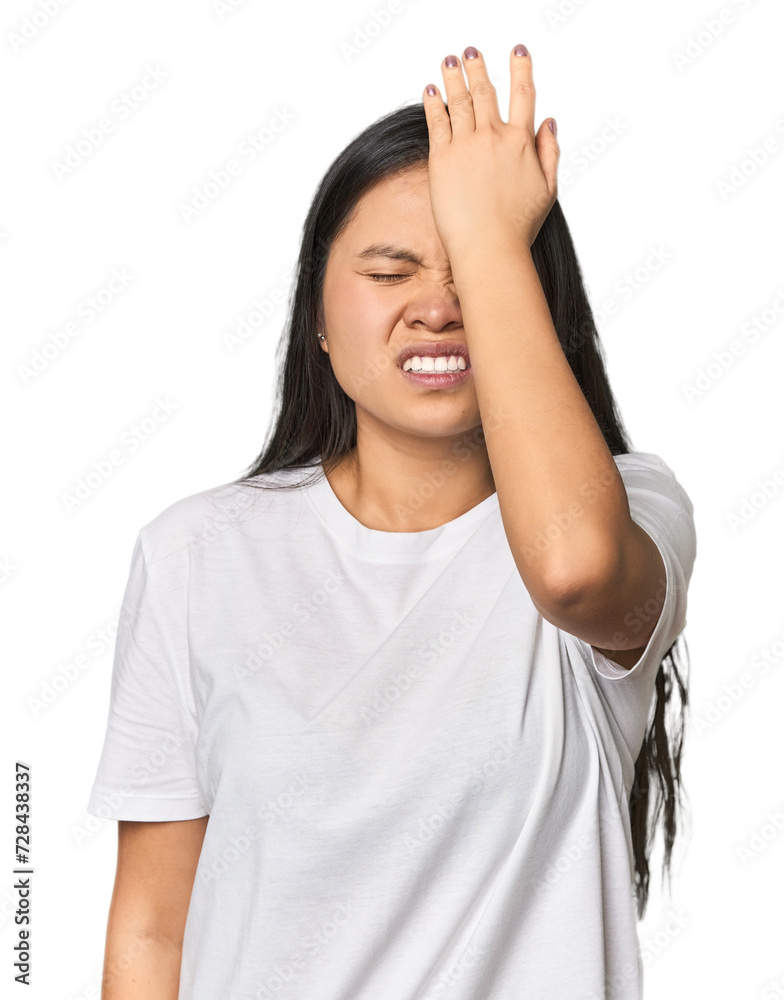 Young chinese woman isolated forgetting something, slapping forehead with palm and closing eyes. Young chinese woman isolated forgetting something, slapping forehead with palm and closing eyes.