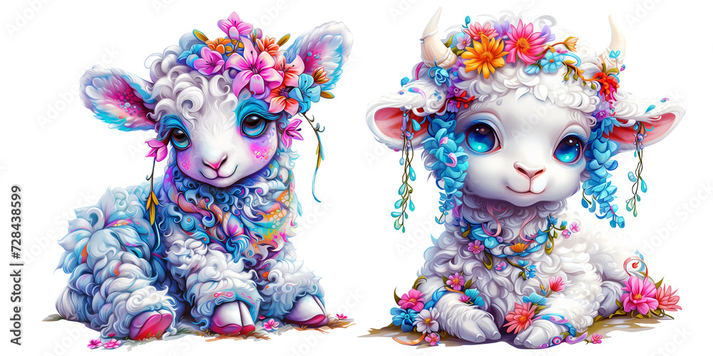 Cute white lamb with vibrant colors. Sheep with psychedelic hue and colorful spring flowers. Clipart, sticker design. Set Cute white lamb with vibrant colors. Sheep with psychedelic hue and colorful spring flowers. Clipart, sticker design. Set