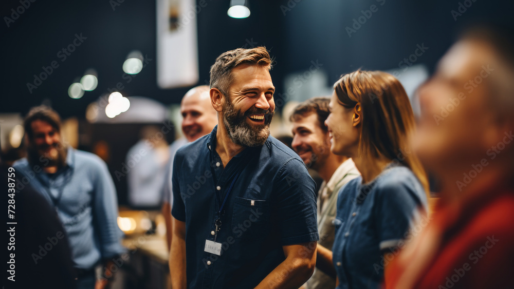 Obraz premium Close up picture of a happy and laughing staff or participant people group listening to a startup business owner at a trade show exhibition event. Generative AI.