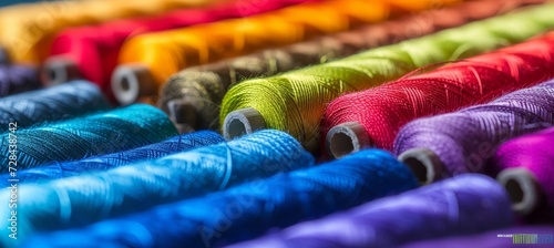 Colorful array of cotton threads creating a stunning backdrop on tailor s textile fabric photo