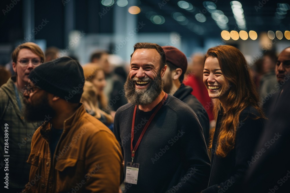 Close up picture of a happy and laughing staff or participant people group listening to a startup business owner at a trade show exhibition event. Generative AI.