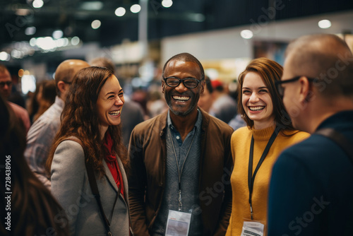 Close up picture of a happy and laughing staff or participant people group listening to a startup business owner at a trade show exhibition event. Generative AI.