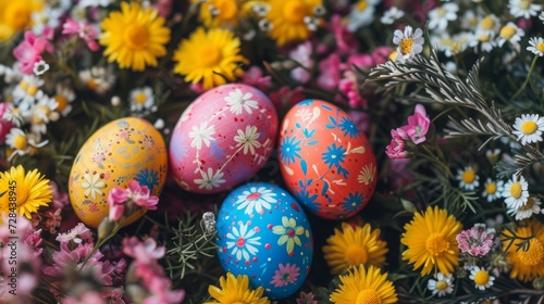 colorful easter eggs with flowers in the meadow