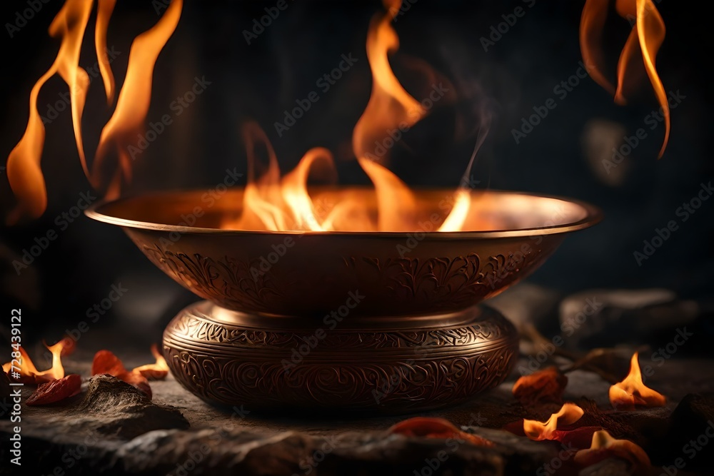 Vibrant Sacred Flames in a Bronze Ritual Bowl , close up , 8k. 