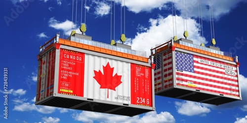 Shipping containers with flags of Canada and USA - 3D illustration photo