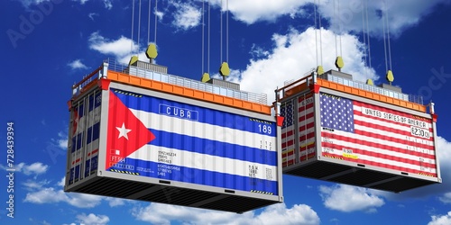 Shipping containers with flags of Cuba and USA - 3D illustration