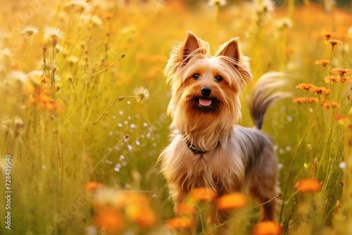 Silky terrier dog standing in meadow field surrounded by vibrant wildflowers and grass on sunny day ai generated © stocksbyrs