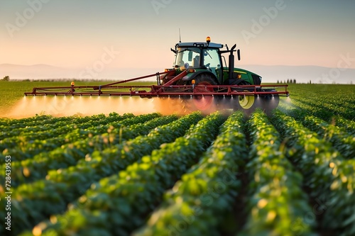 Arafed tractor spraying pesticide on a field of crops 