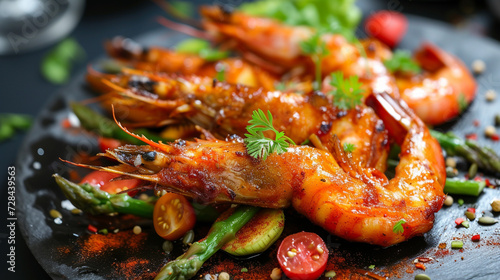  Chinese Wog with green asparagus and king prawns, hot food, spices, and herbs, very appetizing, unusual background, restaurant menu, and homemade food. Asia.