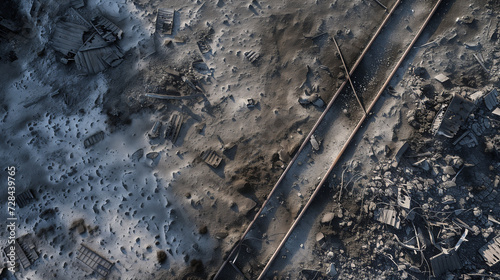 Photograph of ground littered with metal fragments and war debris. Visible tank tracks in the frozen dirt.