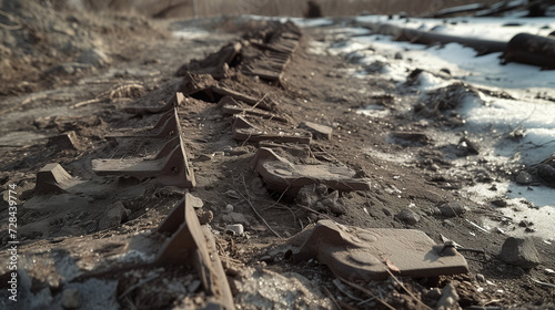 Photograph of ground littered with metal fragments and war debris. Visible tank tracks in the frozen dirt.