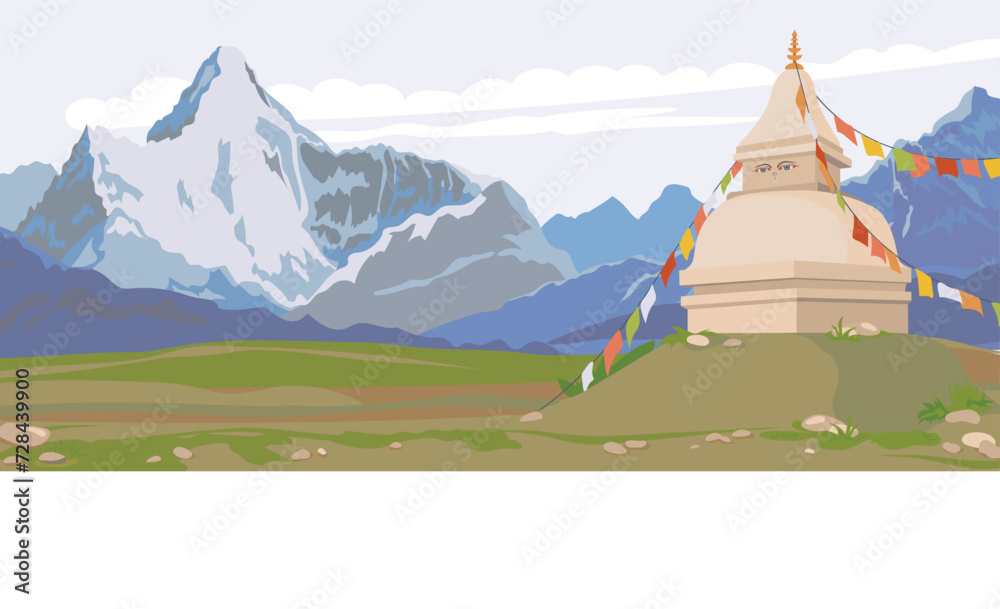 View of the Himalayas, Buddhist stupa decorated with flags. Mountain horizontal landscape of Nepal. Vector illustration, flat style. Religious place of worship and prayer.