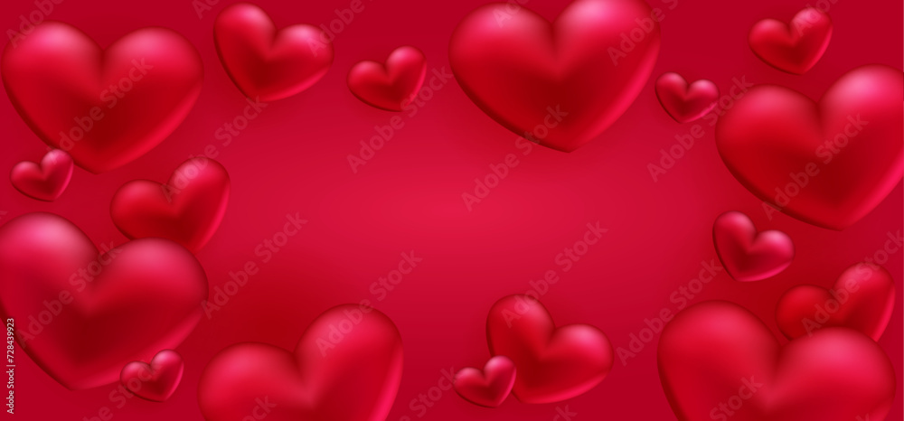  Red 3D hearts on a red background. Horizontal Happy Valentines day banner with place for text. Vector illustration