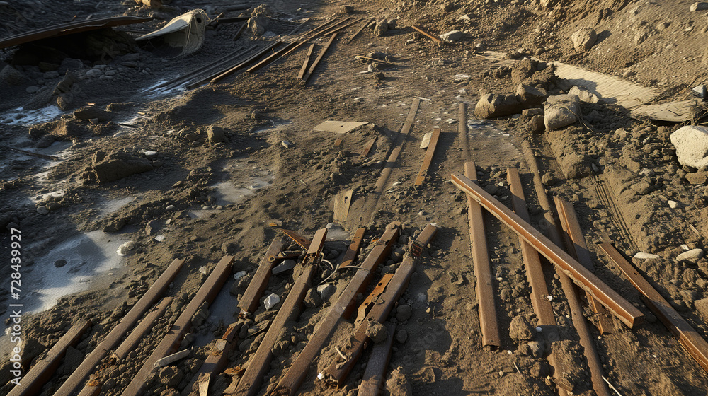Photograph of ground littered with metal fragments and war debris. Visible tank tracks in the frozen dirt. Photograph of ground littered with metal fragments and war debris. Visible tank tracks in the frozen dirt.