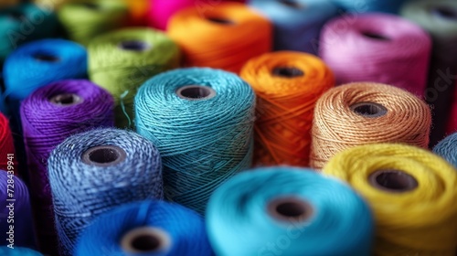 Vibrant cotton threads on tailor textile fabric background with various shades and hues