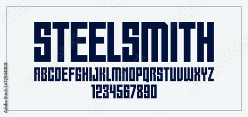 Bold and massive heavy geometric font for logo creation, modern geometrical vector display typeface, typography with no round elements, only corners and straight lines geometry.