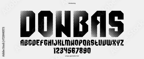 Halftone dotted geometric brutal and bold typeface for logos and posters, vector urban industrial font, modern display typography in cyberpunk futuristic style. photo