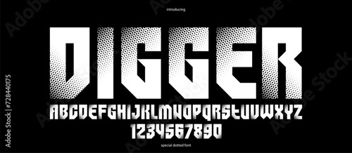 Halftone dotted futuristic cyberpunk font for logos and posters, vector brutal industrial typeface alphabet letters and numbers, urban technic future typography.