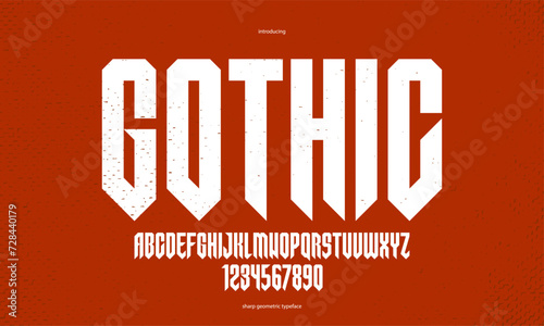 Sharp and bold tall gothic font for logo creation of for headlines, edgy geometric modern vector condensed typeface, heavy metal and hard rock style alphabet with numbers.