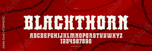 Thorn gothic rock display font for emblems and logos, dangerous blackthorn typeface for headlines and titles, bold serif typography alphabet letters with prickles.