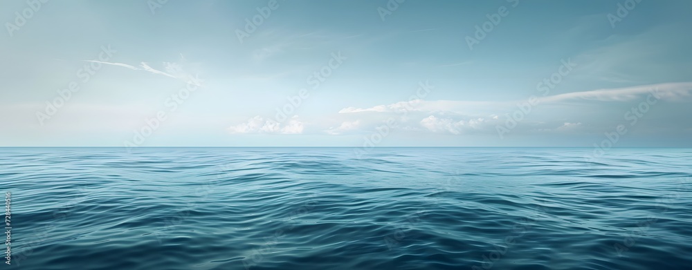 Fototapeta premium Blue ocean surface panorama with soft waves, deep ocean, background, sky and ocean. horizontal, copy space.