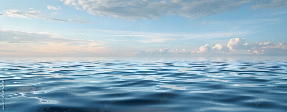 Blue ocean surface panorama with soft waves, deep ocean, background, cloudy sky and ocean. copy space. 