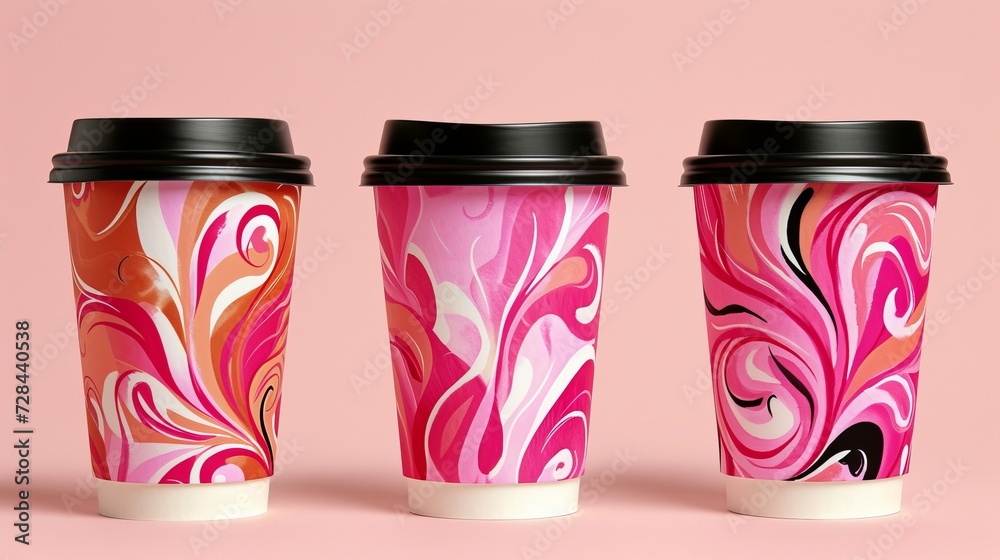 Abstract coffee shop cup designs on pastel background, showcasing trendy takeaway cups Abstract coffee shop cup designs on pastel background, showcasing trendy takeaway cups