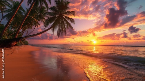 Amazing sunset on the beach with palm trees