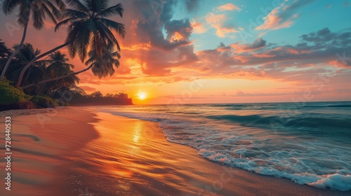 Amazing sunset on the beach with palm trees