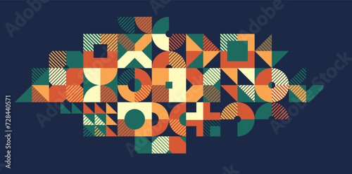 Abstract geometric background over dark, modular tiling ceramic colored ethnic motif graphic design composition, native American Aztec ornament art.