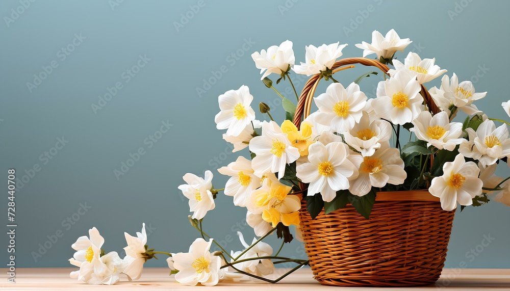 basket of white flowers on a pastel background during spring time. White flowers in wooden basket isolated on background