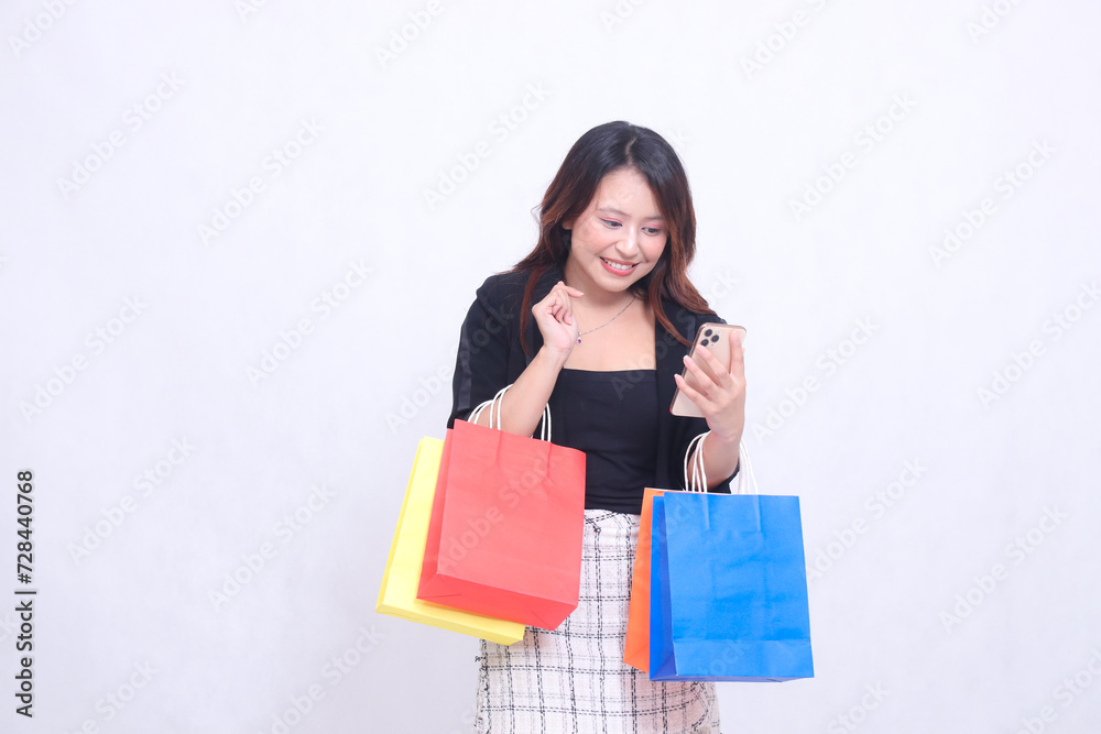 customer beautiful girl asian 20s formal office happy smile left side order via cell phone finished bring shopping paper bag isolated white background customer beautiful girl asian 20s formal office happy smile left side order via cell phone finished bring shopping paper bag isolated white background