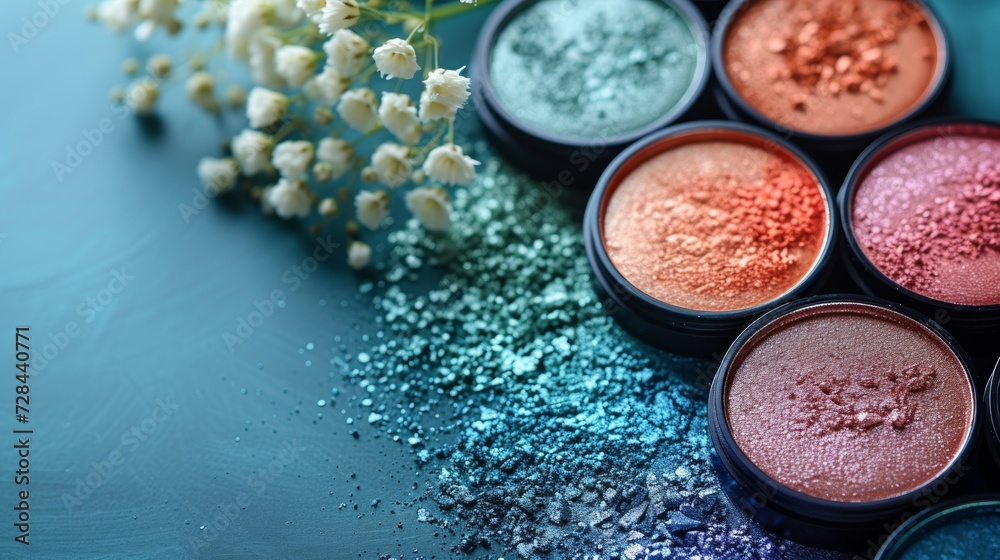 Colorful Eyeshadow palette, background pattern, wallpaper. Cosmetic powder with glitter glow on a pastel background with flowers Colorful Eyeshadow palette, background pattern, wallpaper. Cosmetic powder with glitter glow on a pastel background with flowers