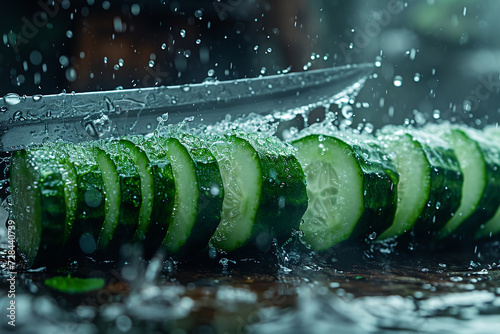cucumber slices with knife and water drops and splashes on natural background